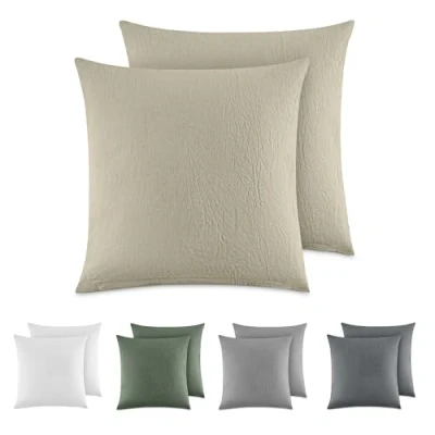Image de Dreamzie Taie Oreiller 80x80 Coton (Lot de 2) Taies d&#039;Oreillers 100% Lavé Aspect Lin, Housse Coussin avec Fermeture Eclair, Beige, Certifié Oeko Tex