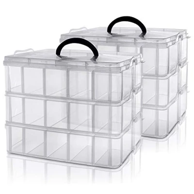 Image de Kurtzy Boite de Rangement 3 Étages Empilable en Plastique Transparent (Lot 2) Compartiments Réglables Maximum 30 pour Jouets, Bijoux, Perles, Loisirs, Outils