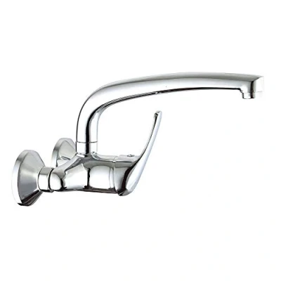 Image de Kibath Robinet mitigeur de cuisine mural avec long bec rotatif Laiton finition chrome brillant Distance entre les prises d’eau 11 cm