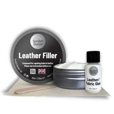 Image de Scratch Doctor Kit de colle et remplissage pour cuir réparation des déchirures, rayures, trous sur meubles, canapés, chaises, sièges voiture (blanc, 10 ml)