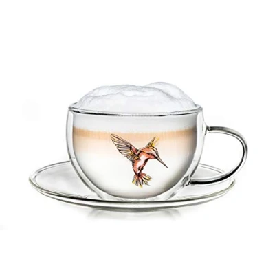 Image de Creano Tasse Isotherme Hummi à Double Paroi, pour Thé/Latte Macchiato, Colibri avec Soucoupe 250ml dans Une Boîte Vadeau Exclusive, Rouge