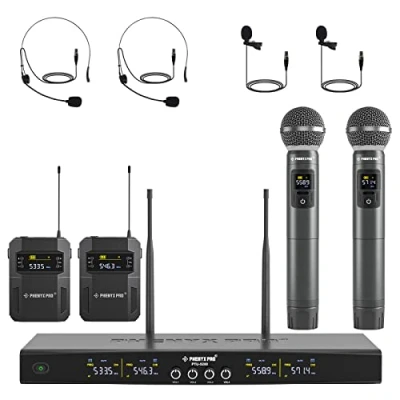 Image de Phenyx Pro Système de Micro sans Fil Karaoké Professionnel 4 Canaux avec Micros à Main/Bodypack/Casque/Pince, Idéal pour Le Chant, et l&#039;Église (PTU 5200 2H2B)
