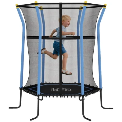 Image de HOMCOM Trampoline pour Enfant Ø 1,63 x 1,9 m Filet de sécurité Porte zippée 6 poteaux rembourrés Inclus Charge Max. 50 kg Bleu Noir