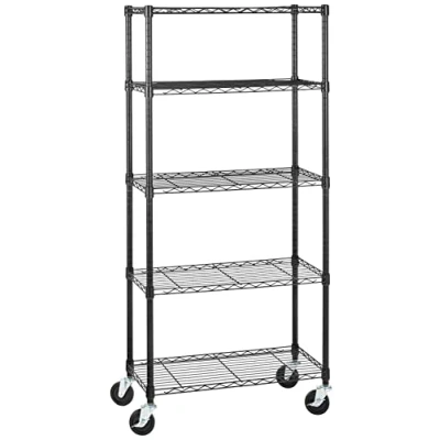 Image de Amazon Basics Meuble de rangement moyen à 5 tablettes étroites sur roulettes 10,2 cm avec étagères réglables en hauteur et pieds nivellement, Poids max 680 kg, Noir, 35.6 x 76.2 160.75