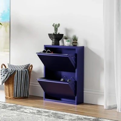 Image de [en.casa] Meuble à Chaussures avec 2 Compartiments Armoire de Rangement Porte Moderne pour 4 Paires Élégant Résistant Pratique Entrée Salon Couloir Métal 71 x 50 15 cm Bleu Nuit