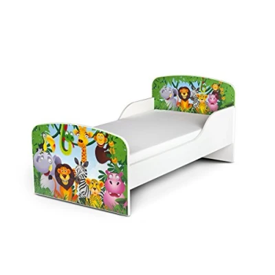 Image de Leomark Moderne Lit d&#039;enfant Toddler avec Matelas Couleur Blanc Motif: Jungle Animaux Chambre pour Les Enfants Meubles Confortable Fonctionnel Simple Zone de Couchage 70/140 cm