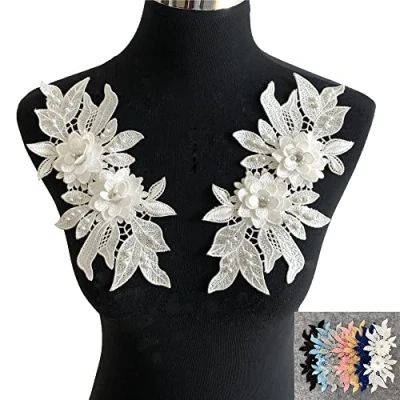 Image de Yulakes Application en dentelle 3D brodée Décolleté Fleurs et strass Bordure tulle Applique florale Patch pour bricolage Robe de mariée (noir)
