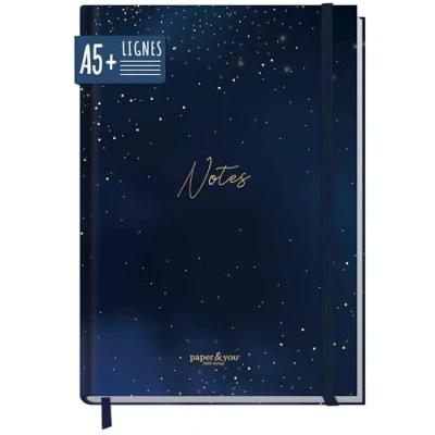 Image de paper&amp;you® carnet ligné A5+ avec élastique [Nuit étoilée] 156 pages 78 feuilles Comme bullet journal, journal intime, de notes Durable et respectueux du climat