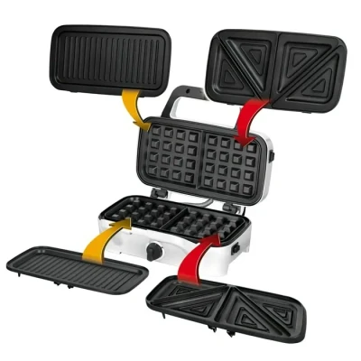Image de MPM MOP 33M Sandwichs 3 en 1, Plaques Interchangeables, Appareil à Croque Monsieur, Gaufrier Belge, Grill pour Viande et Poisson, Contrôleur de Température Automatique, 1200W, Acier Inoxydable, Blanc