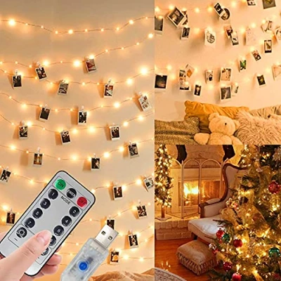 Image de Guirlande Lumineuse Photo,10M100LED 8 modes,USB ou Alimenté par Batterie,Avec télécommande,Guirlande Interieur Photo Chambre LED pour Accroche Photo,Decoration (50 Clips &amp; 25 Clous)
