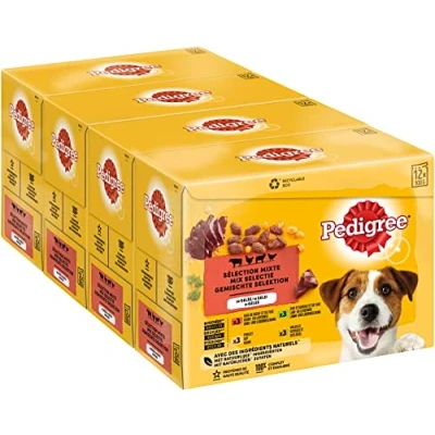 Image de PEDIGREE Repas pour Chien 48 Sachets Fraîcheur (Lot de 4 Packs 12x100g) Pâtée en Gelée Boeuf / Volaille Agneau Poulet Nourriture Complète &amp; Equilibrée avec Ingrédients Naturels