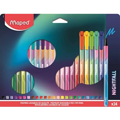 Image de Maped Feutres de Dessin Nightfall d’Écriture, Encre Lavable Pointe Medium Super Résistante Forme Triangulaire Boite 24 Coloriage Longue Durée 844402 Multicolore