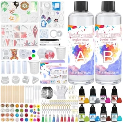 Image de KIMIGO Resine Epoxy Transparente,Resine Kit 250ml,Pigment de résine,Paillettes,Feuille d&#039;or pour la Fabrication Bijoux en Cristal Pendentif Bracelet