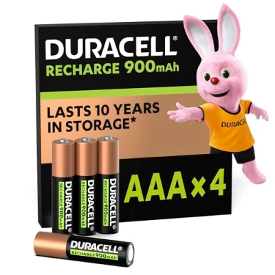 Image de Duracell rechargeables piles AAA (lot de 4 piles), 900 mAh, NiMH, pré chargées, Nos qui durent le plus longtemps, un packaging recyclable 0% plastique
