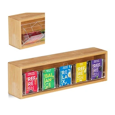 Image de Relaxdays Boîte à thé bambou, coffret sachet thé, épice couvercle, 5 compartiments 50 sachets, 11,5 x 39 8 cm, nature