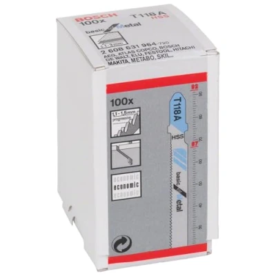 Image de Bosch 2608631964 Lame de scie sauteuse T 118 A Basic for Metal HSS, ondulée, fraisée Tôles minces (1 3 mm), 100 pièces