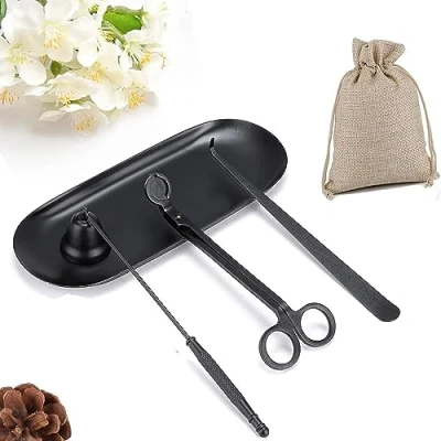 Image de QeeHeng Ensemble de Coupe mèche avec Plateau 4 en 1 Accessoire Bouchon Bougie Outils soufflage Tige Ciseaux d&#039;entretien Bougie(Noir)