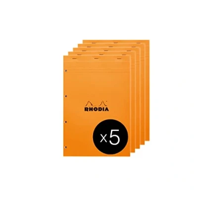 Image de RHODIA 20200Cpack Bloc Notes Agrafé N20 Orange A4+ Petits Carreaux 80 Feuilles Détachables Perforation 4 Trous Papier Clairefontaine Blanc g/m² Paquet de 5 blocs