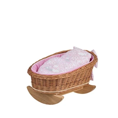 Image de e wicker24 lit de poupée, Berceau à Bascule, pour Poupon en Osier avec Matelas + Couverture Oreiller (Pink_1)