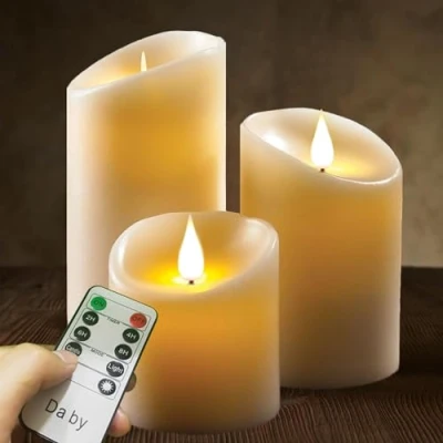 Image de bougies LED, jeu de 3 décoratives (10cm, 12.5cm, 15cm), inflammées avec télécommandes à 10 boutons. Flamme LED clignotante, faite vraie paraffine.