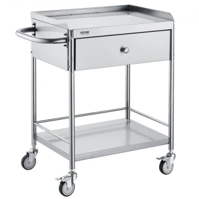 Image de VEVOR Chariot de Laboratoire à 2 Étages Service Médical 71x42x78,5 cm Desserte en Inox avec Tiroir Charge 100 kg Déplacement Silencieux pour Rangement Clinique Cuisine Hôtel Salon Beauté