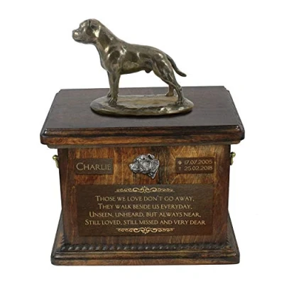 Image de Art Dog Urne Commémorative Statue de Chien Assis Bronze Coulé à Froid Fait la Main sur Base Bouleau pour Les Cendres 8.3x11.4x8.7 5L Staffordshire Bull Terrier I