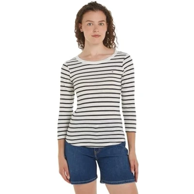 Image de Tommy Hilfiger 1985 SLIM OPEN Tshirt à manches longues, Femme, Taille: 3XL, Breton ecru/desert sky