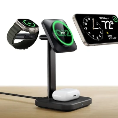 Image de ESR Qi2 Station de Charge sans Fil 3 en 1, [Certifié] Chargeur Apple Watch et Support 15 W MagSafe pour iPhone, Plusieurs Appareils, iPhone 16/15/14/13, Montre AirPods 4, Noir