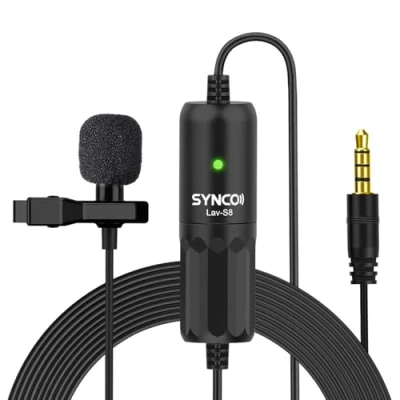 Image de SYNCO S8 8 Mètres Lavalier Microphone Onglet Cravate Condensateur Omnidirectionnel, Clip Compatible pour DSLR Caméras Reflex, Téléphones, Ordinateur Portable, PC