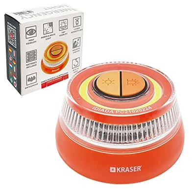 Image de KRASER KR4V16N Éclairage de Secours Voiture Signalisation Lumineuse Route, Lumière Urgence Gyrophare LED Intensité, Homologué Balise Magnétique, Autonome Compacte + Lampe Poche Orange