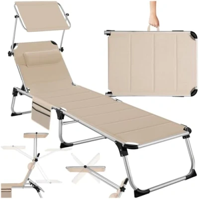 Image de TecTake® Chaise Longue Pliante Bain de Soleil Jardin Exterieur avec Pare Soleil, Appuie tête &amp; Poche latérale, inclinable Transat Plage Relax Camping Salon