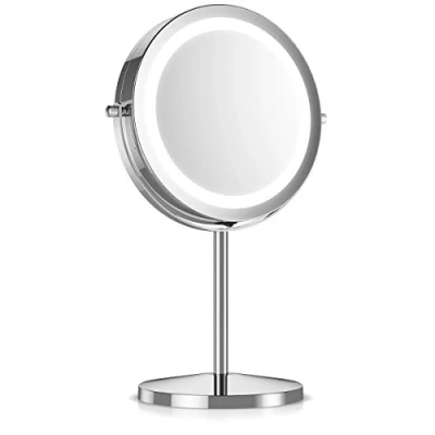 Image de Navaris Miroir Cosmétique Lumière LED à Pied 2 Faces Normal/Grossissant x5 Rond Lumineux pour Maquillage Rasage Rotatif 360