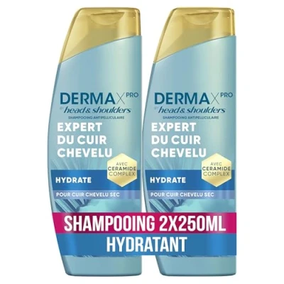 Image de DermaXPro by Head &amp; Shoulders Hydrate Shampoing Antipelliculaire 2x250ml À l&#039;Huile de Noix Coco et Complexe Céramides, Pour Cuir Chevelu Sec, 72H d’Hydratation