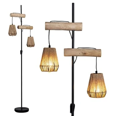 Image de Osasy Lampadaire en bois bohème 2 lampes rotin de ferme avec interrupteur marche/arrêt rustique abat jour Pour salon, chambre à coucher, bureau