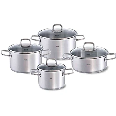 Image de Fissler Viseo Jeu de Faitouts/Sautoir en Acier Inoxydable, 4 Pièces, Faitouts avec Couvercle Verre, Compatible Induction, Tous Types Feu (3 Faitouts, 1 Sautoir)