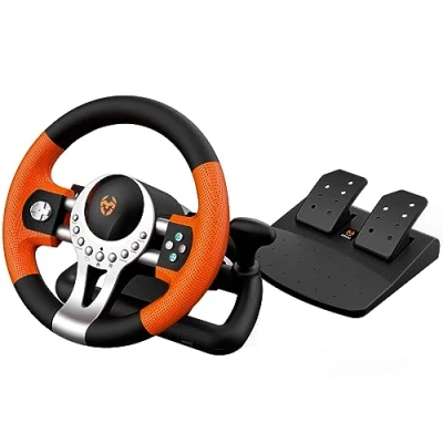 Image de KROM K Driver Ensemble Volant Et Pédales Multiplateforme, Levier De Vitesse Palettes Sur Le Volant, Effet Vibration, Compatible PC, PS3, PS4 Xbox, Noir/Orange