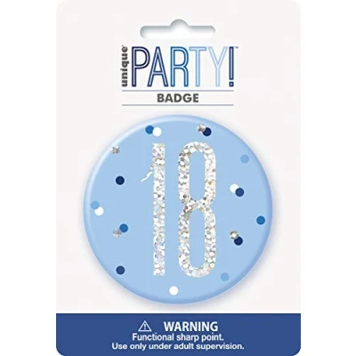 Image de Unique Party 83518 Badge 18e Anniversaire 7,5 cm Fête d&#039;Anniversaire à thème Bleu et Argent Glitz