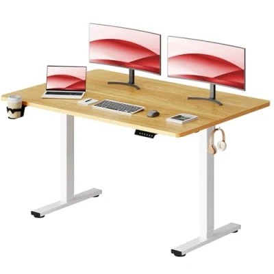 Image de SANODESK Bureau Assis Debout 140x60 cm, Table Électrique Réglable en Hauteur Acier T Pieds avec Crochet, Panneau Contrôle à Fonctions Mémoires, Érable