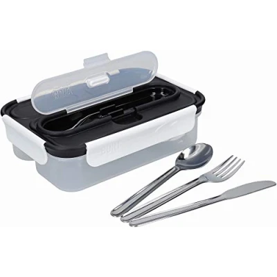 Image de BUILT Boîte à Lunch Bento Étanche en Plastique de Couleur Noire/Blanche avec des Couverts Acier Inoxydable