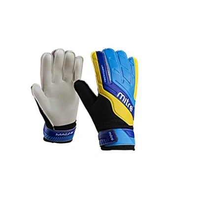 Image de Mitre Magnetite Gants de Gardien But, modèle Junior Soyez prêt pour Les matchs Football Confort supplémentaire, Noir/Bleu/Jaune, 4, 15 cm
