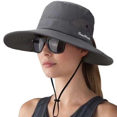 Image de DRESHOW Femme Soleil Chapeau l&#039;extérieur UV Protection Pliable Large Bord Pêche à Cheval Queue UPF 50+ avec Lunettes