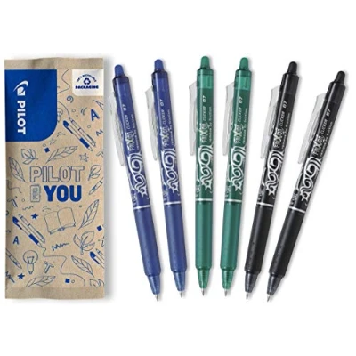Image de PILOT Lot de 6 Frixion Ball Clicker Stylo rétractable effaçable à encre thermosensible roller rechargeable et ergonomique 2 Noirs, Bleus , Verts Pointe moyenne