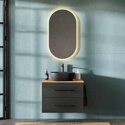 Image de Planetmöbel Lux Ensemble de meubles salle bain avec meuble bas 70 cm, lavabo à poser 42 cm noir, miroir 50 (sans LED), chêne doré/anthracite