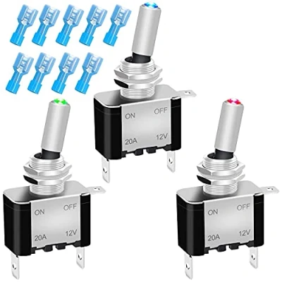 Image de Gebildet 3pcs DC12V 24V 20A LED Interrupteur à Bascule (Rouge,Vert,Bleue),on/Off 2 Positions 3 Broches SPST Métal Levier,Utilisé pour la Voiture Auto Camion Bateau