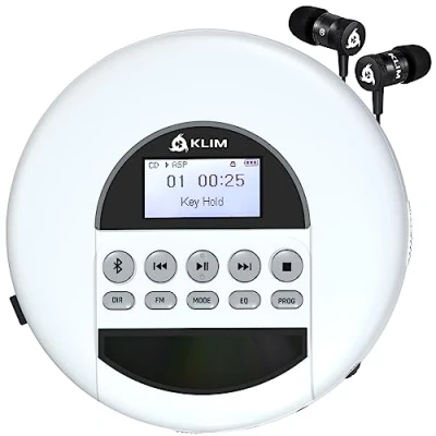 Image de KLIM Nomad Nouveauté 2024 Lecteur CD Portable Batterie Intégrée Longue Durée avec Écouteurs Compatible R, RW, MP3 TF, Mini Radio Portable, Bluetooth pour la Voiture Blanc