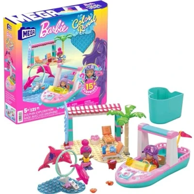 Image de MEGA Coffret de Construction Barbie Color Reveal, avec Plus 10 Surprises, 2 Mini poupées et Dauphins, Jouet Enfant, Dès 5 Ans, HHW83