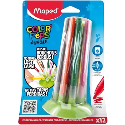 Image de Maped Feutres Jungle Innovation 12 de Coloriage lavables et Résistants au Séchage Pointe Moyenne Bloquée Système Rangement Pop Up Compact La fin des bouchons perdus !