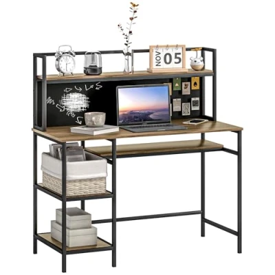 Image de HOMCOM Bureau avec Rangement Informatique d&#039;ordinateur 4 étagères, Grand Plateau et Panneau Noir pour Salon Chambre à Domicile 120L x 53l 126H cm, Marron