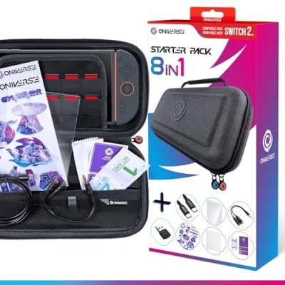 Image de Oniverse Pochette Switch 2 Starter Kit 8 en 1 Etui de Transport, Protection Écran compatible avec Nintendo 2, Câble USB C et Adaptateur, Séparateur Audio, nettoyage, Accessoires