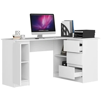Image de BDW Bureau d&#039;angle Droit, 3 tiroirs et 4 étagères, Beaucoup de Place pour s&#039;étendre, Chambres d&#039;adolescents, Bureaux ateliers, Table d&#039;ordinateur, Bureau, 155x77x86, Blanc